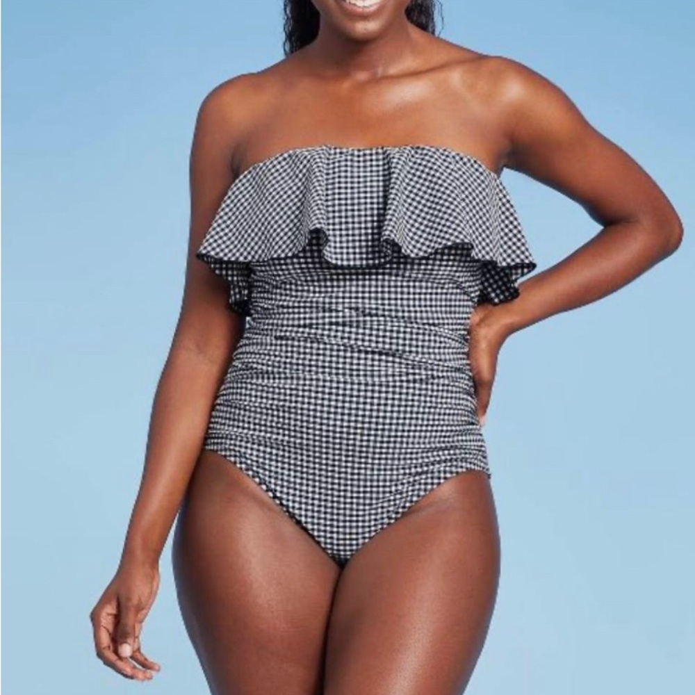 Kona Sol Blue Gingham swimsuit with bandeau flounce top accent Fully lined